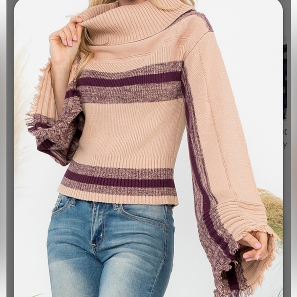 10 Wide Turtleneck Long Flare Sleeve Stripe Ribbed Knit Sweater Top - Picture 1 of 3